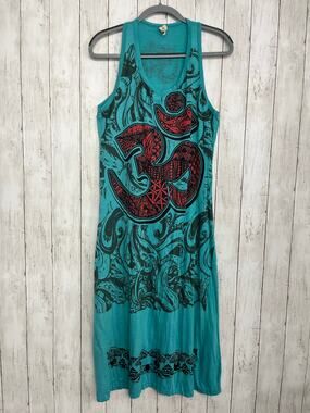 Babu Blue Asian Inspired Cotton Maxi Dress Coastal Zen Summer Flowy Dress Large